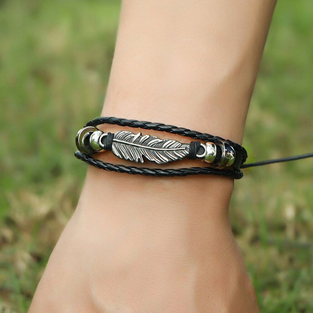 3/$35 Black PU Leather Fashion Bracelet Men Feather Boys Gifts Unisex Jewelry